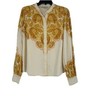 Rye Grass Boho Linen Blend Top Western Paisley Print Beige Mustard Yellow Size S